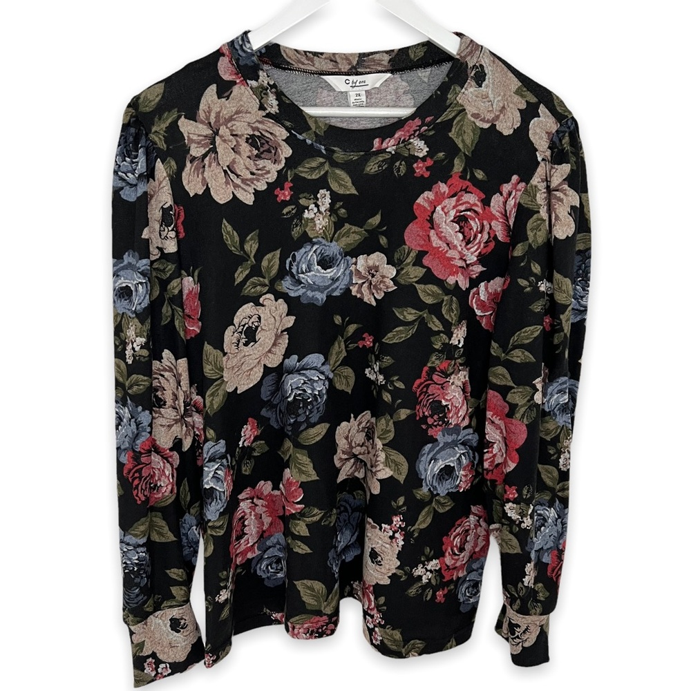 NEW C By One Long Sleeve Floral Knit Puff Sleeve Crewneck Sweater Plus Size 3X